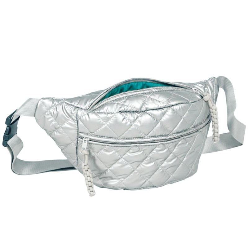 TWO KAT Metallic Quilted Chest Fanny Pack Crossbody Bag with Multi Pockets & Adjustable Strap, Fashionable Men Women Sling Backpack, Casual Waist Belt bag (Silver with Teal Lining, Medium)