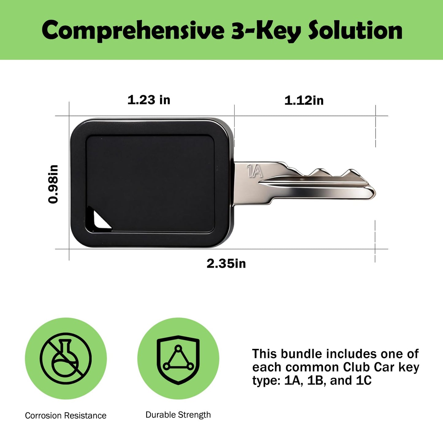 YHJDC Club Car Golf Cart Replacement Keys 3-Pack (1A, 1B, 1C) | Direct Fit for Part Numbers 105068002 & 101974701