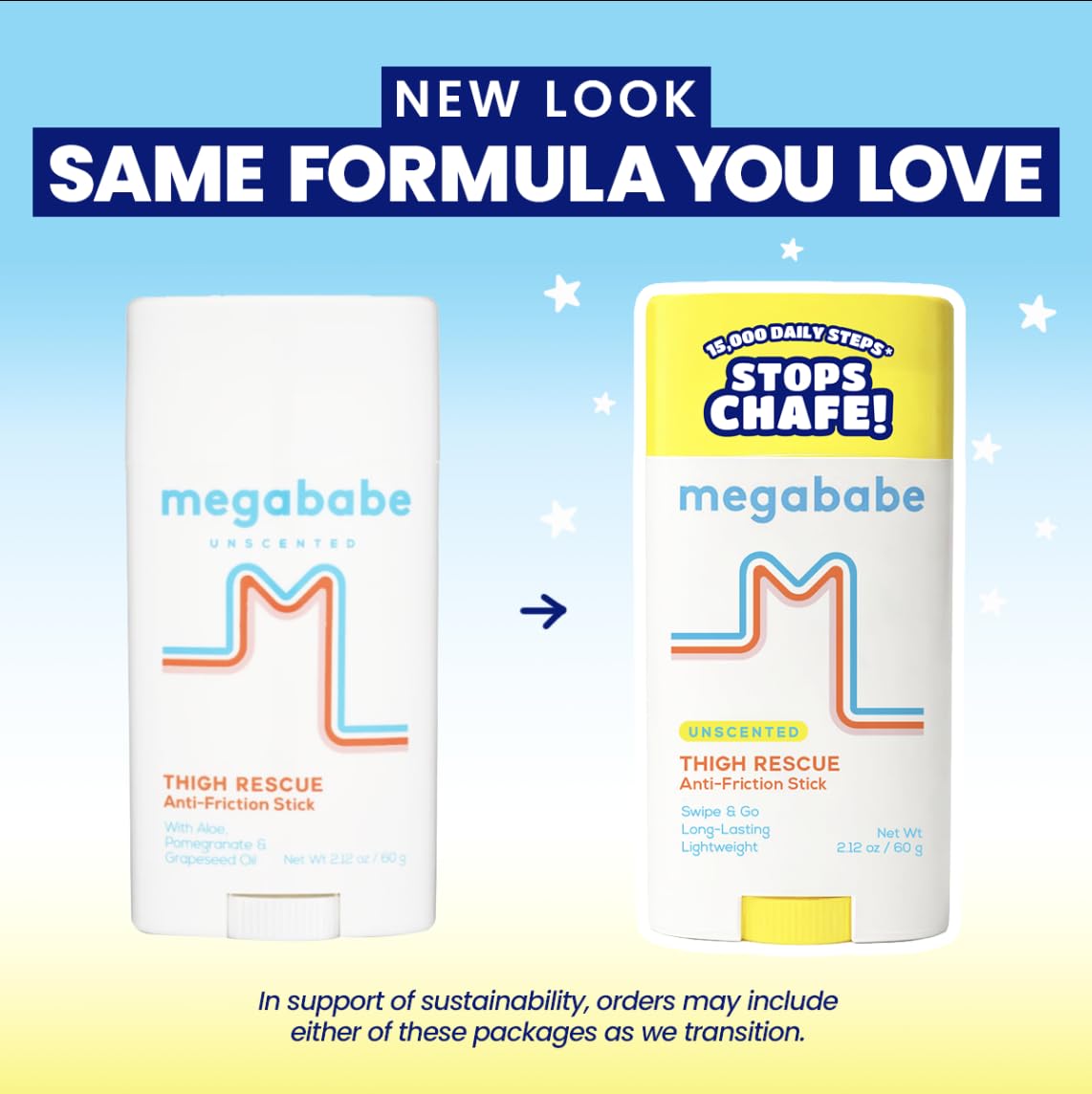 Megababe Unscented Thigh Rescue Anti-Chafe Stick | Prevents Skin Chafe & Irritation | Thighs, arms, bra-lines & more | Vacation and Hot Weather Essentials | 2.12oz
