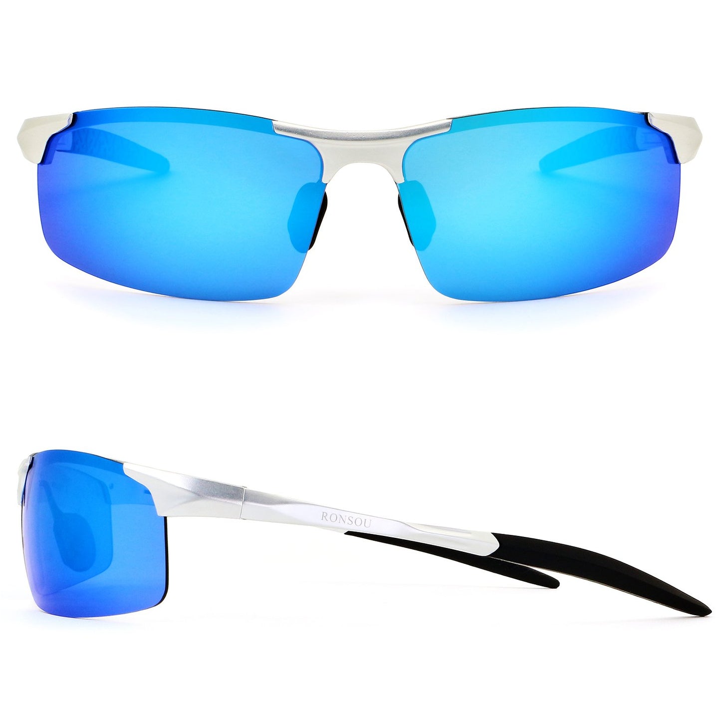 RONSOU Men Sport Al-Mg Polarized Sunglasses Unbreakable for Driving Cycling Fishing Golf silver frame/blue lens