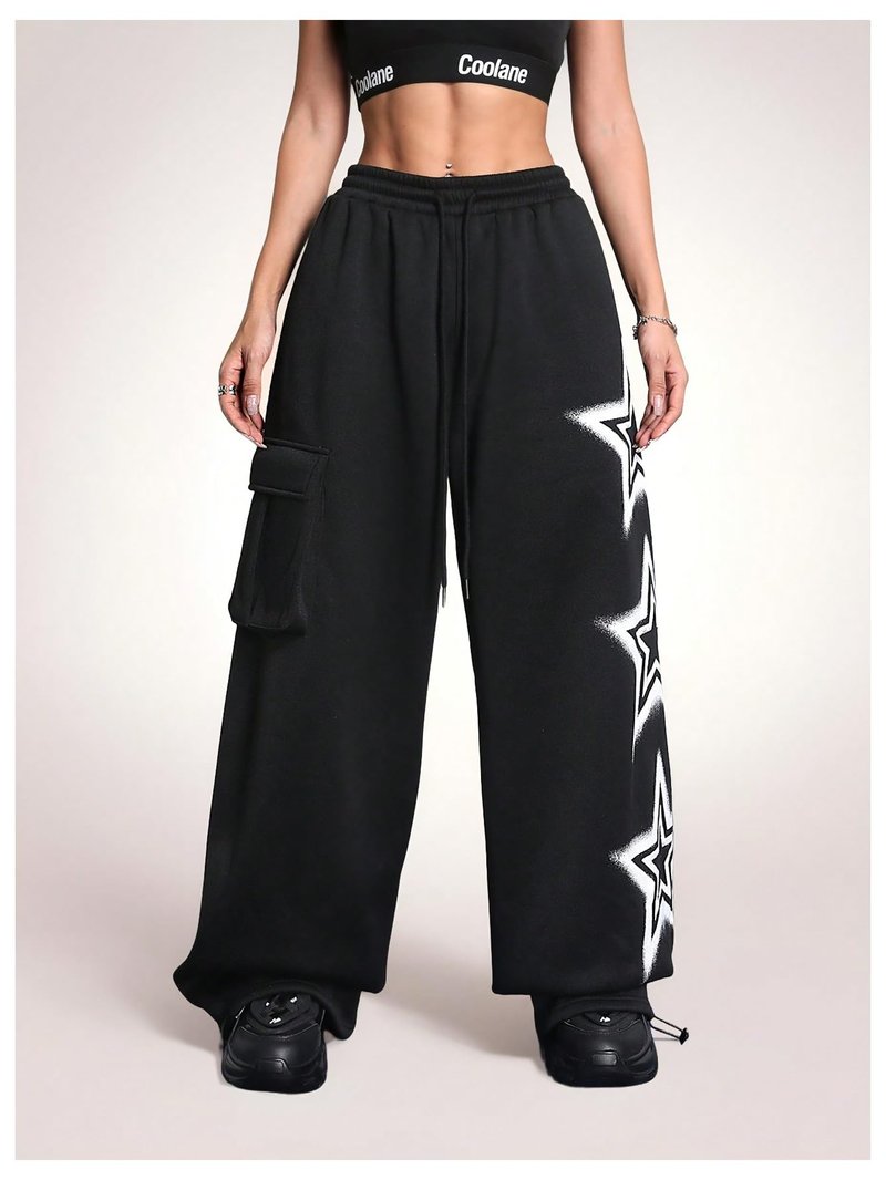 BEAUDRM Women's Y2k Baggy Sweatpants Star Print Drawstring Elastic Waist Baggy Pants Wide Leg Fleece Lined Cargo Sweatpants Black Large