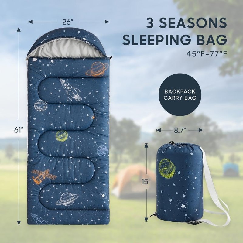 Wake In Cloud - Kids Sleeping Bag for Boys Toddlers, Camping in Warm Cold Weather, Backpacking Lightweight Compact Outdoor Liner for 3 Seasons, Space Stars Rockets Galaxy, Navy Blue