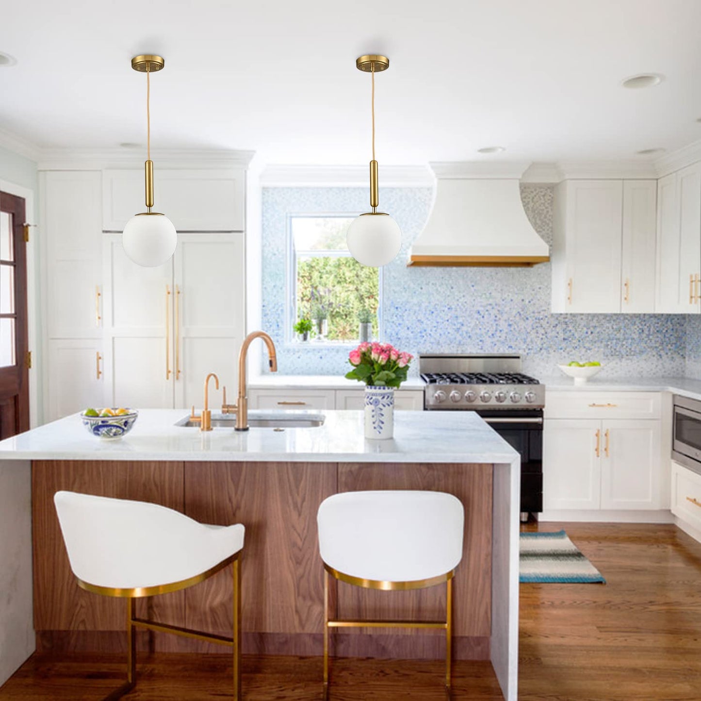 DIRYZON Mid Century Gold Pendant Lighting for Kitchen Island, Modern Hanging Pendant Light Fixture with Globe Milky White Glass for Bedroom Bathroom Entryway 7.9 Inch