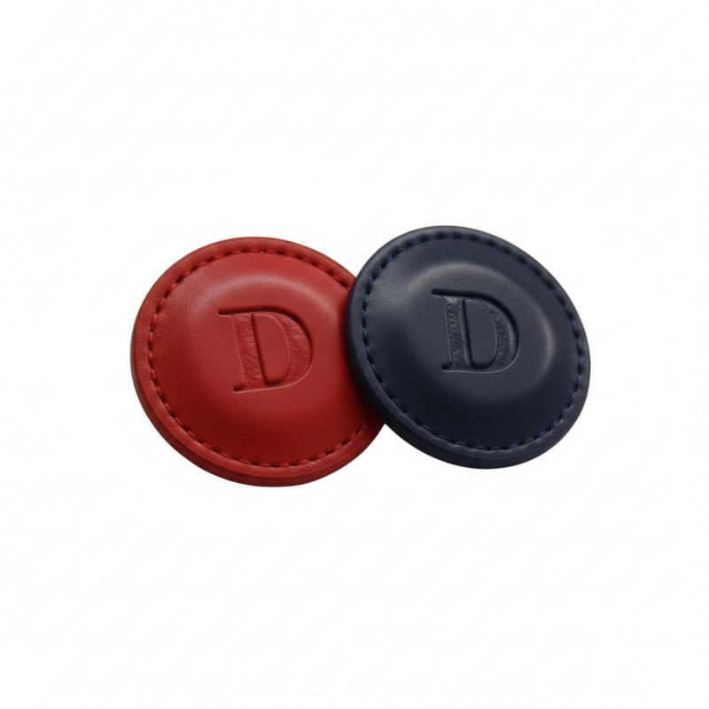 THOM Personalized Golf Marker A-Z, (Set of 2) for Golfers - Magnetic Ball Marker Handmade with 100% Vegan Leather - Fun Golf Stuff for Men - Customized Golf Gifts (D, Navy/Red)