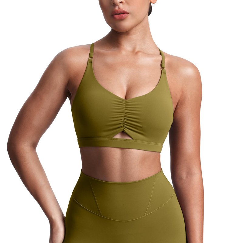 Aoxjox Women's Workout Sports Bras Cross Back Fitness Athletic Velura Ruched Bra PlushFlex™ Yoga Crop Tank (Moss, Medium)