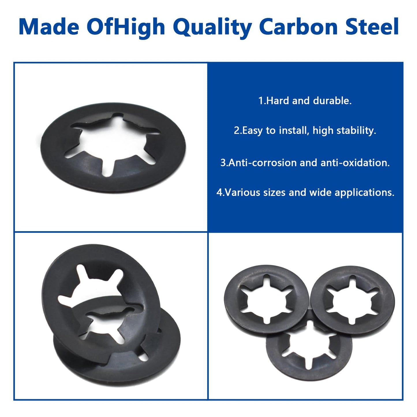 BDS-HOME 340 PCS 7sizes Internal Tooth Starlock Washers Assortment Kit, 65Mn Steel Fasteners Washers Black Oxide Finish Quick Speed Locking Washers