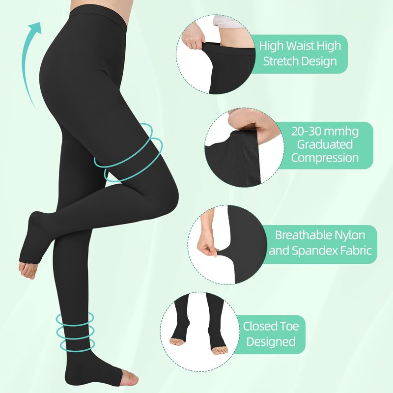 Wegitcs 20 - 30mmHg Compression Pantyhose,1 Pair or 2 Pairs Comfortable Compression Leggings,Open Toe Design,Medical Waist High Compression Stockings for Edema, Varicose Veins, Nurses, Athletes