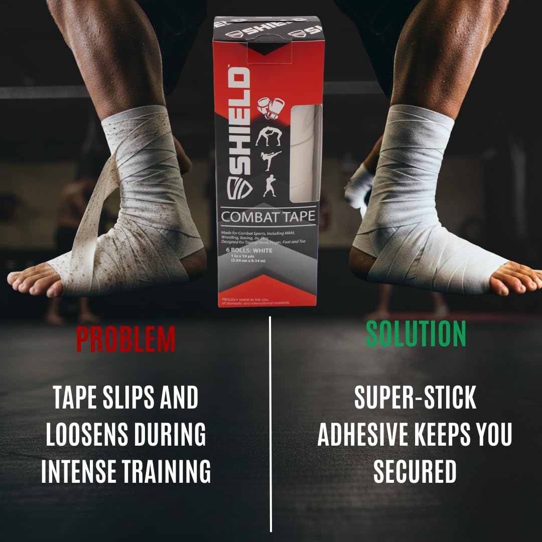 SHIELD Combat Tape | Boxing Tape for Hands, USA Made, Athletic Tape 1 inch, Easy-Tear, 1" Inch x 10 Yards, 6 Pack, Boxing MMA, Muay Thai, White