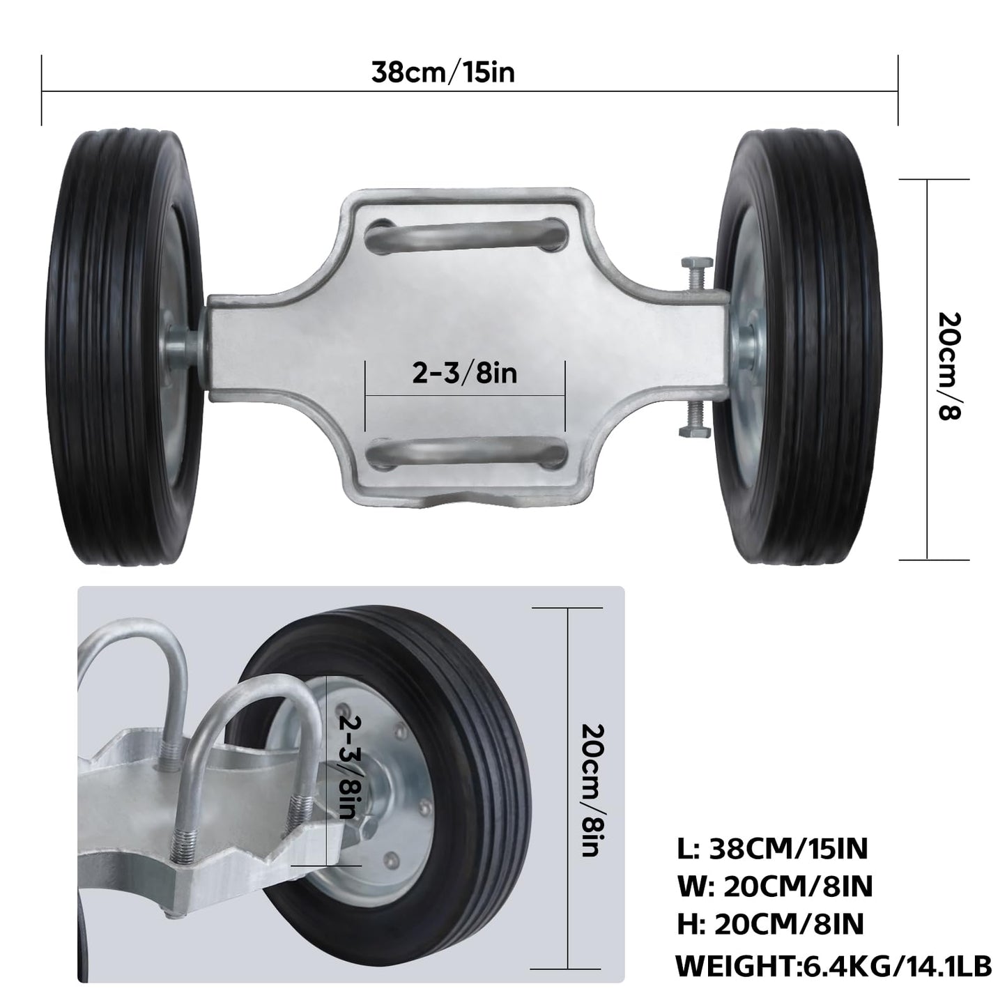Heavy-Duty Steel Rolling Gate Wheel Carrier, 8" Rubber Wheels, Adjustable Steel U-Bolts, for Chain Link Gates or Metal Fence or Wooden Gate