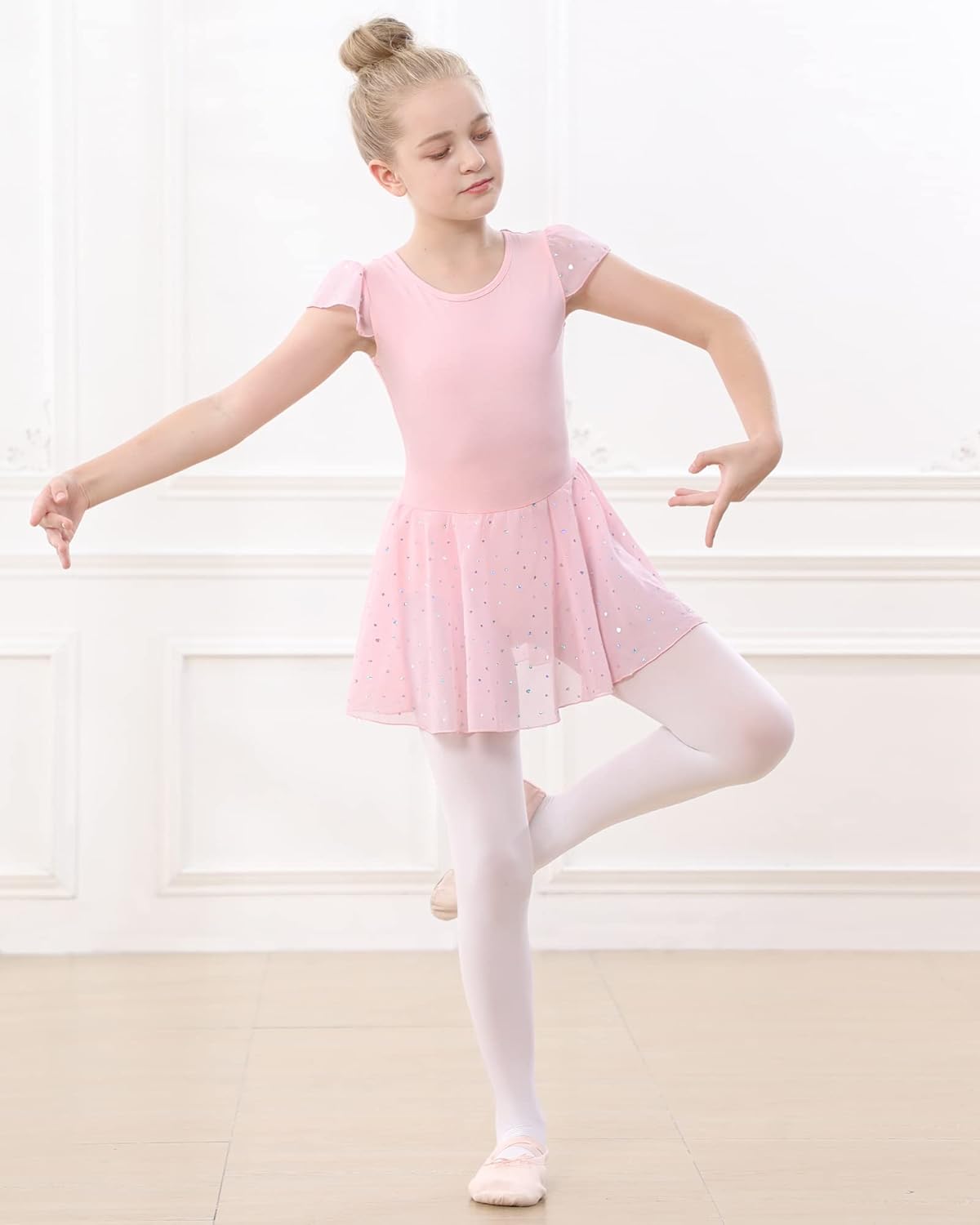 Stelle Ballet Leotard for Girls - Toddler Pink Dance Outfit with Ruffle Sleeves & Skirt