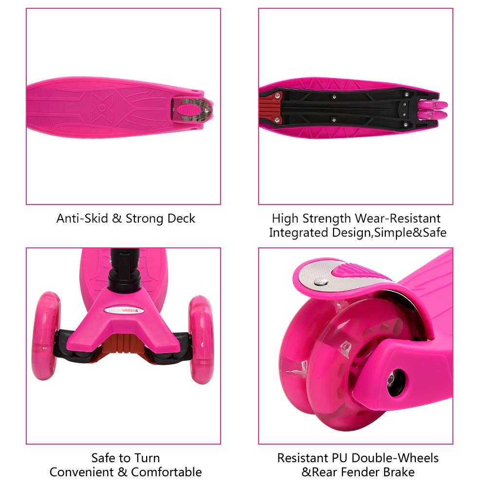 ChromeWheels Foldable Scooters for Kids, Deluxe Kick Scooter 4 Adjustable Height 132lbs Weight Limit 3 Wheel, Lean to Steer LED Light Up Wheels, Best Gifts for Girls Boys Age 3-12 Year Old, Pink
