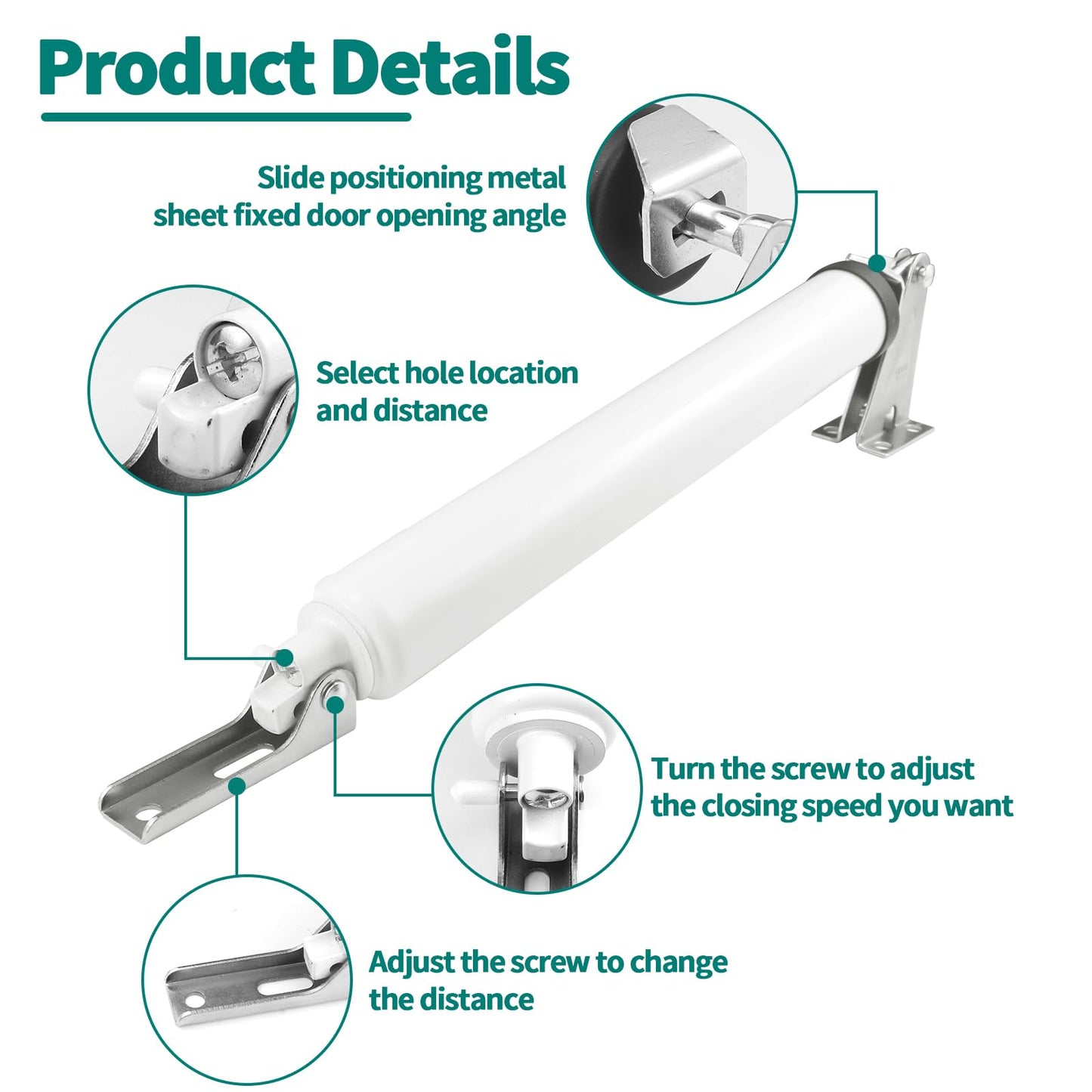 Screen and Storm Door Closer Kit, Heavy Duty Pneumatic Screen and Storm Door Closer, Screen and Storm Door Push Button Latch Set Replacement Kit, Adjust Smooth Closing Speed (White)