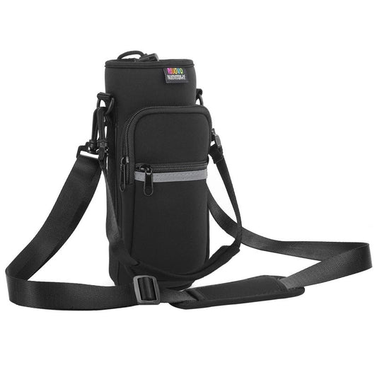 Nuovoware Water Bottle Carrier Bag, 25oz/32oz Bottle Pouch Holder, Adjustable Shoulder Hand Strap 2 Pocket Sling Neoprene Sleeve Sports Accessories for Hiking Travelling Camping, Black