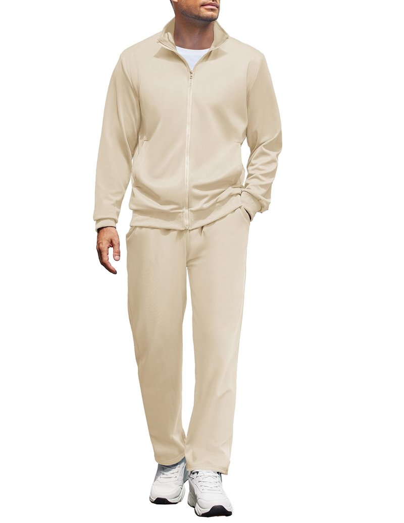 COOFANDY Men's Athletic 2 Pieces Tracksuit Long Sleeve Causal Full Zip Sweat Suit Lounge Set Running Activewear Cream 2XL