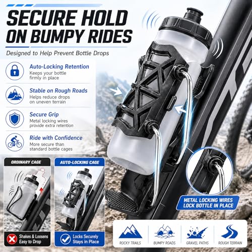 Bike Water Bottle Holder with Auto Locking Clamp - Black