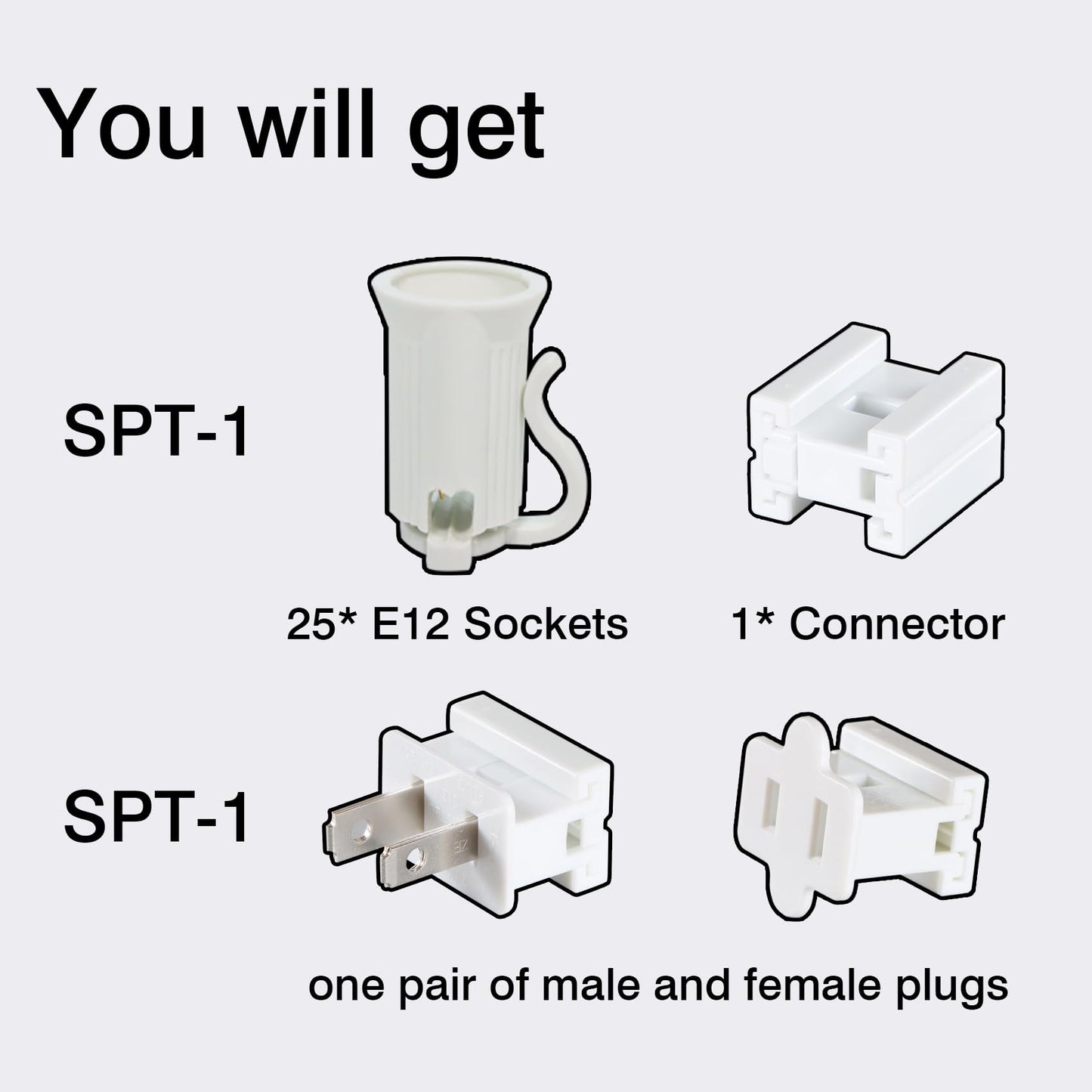 Encoidoz 25PCS C7 E12 Replacement Bulb Sockets & 1PC Vampire Plugs & 1 Wire Connector, C7 White Light Socket SPT-1 Christmas String Light Replacement Lamp Holder(E12, White, SPT-1)