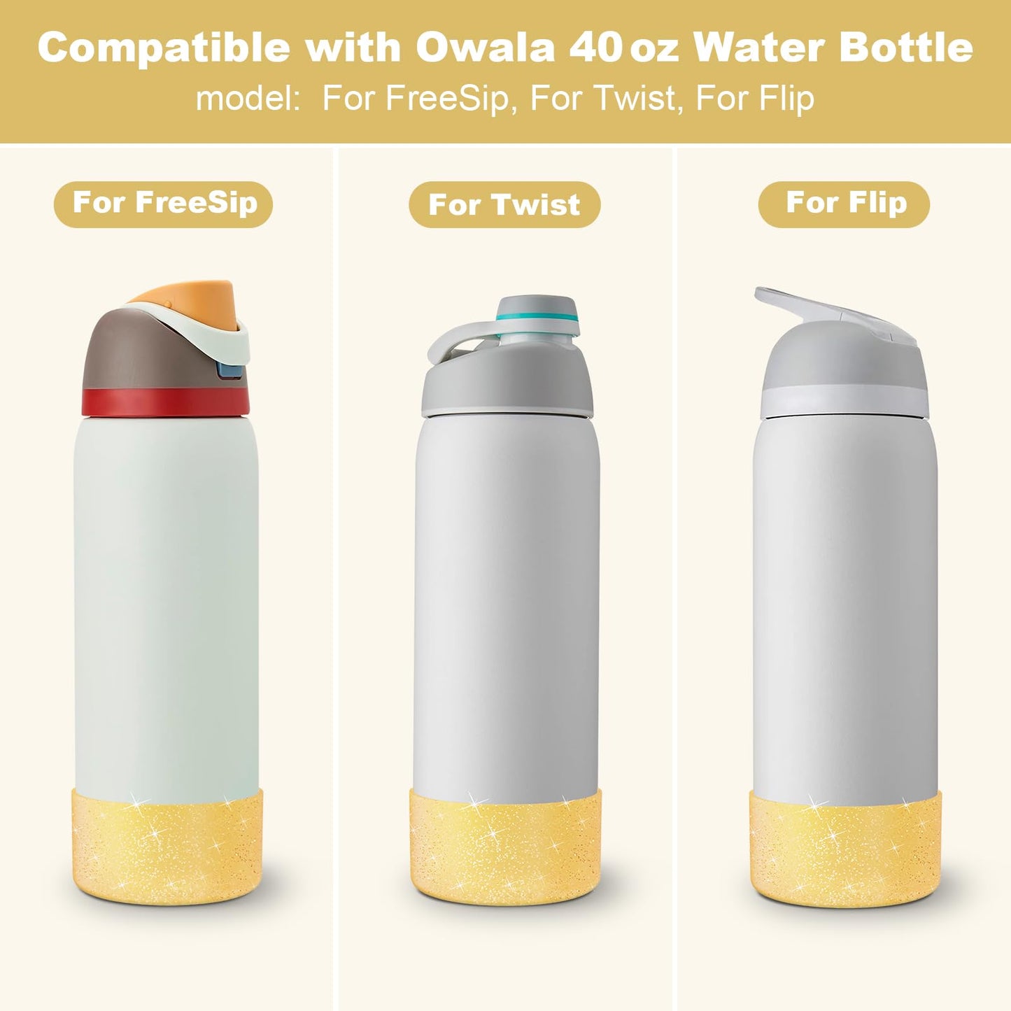 Beonsky 2 PCS Glitter Silicone Boot for Owala Water Bottle 40 oz, Anti-Slip Protective Sleeve for FreeSip/Twist/Flip Stainless Steel Water Bottles Accessories