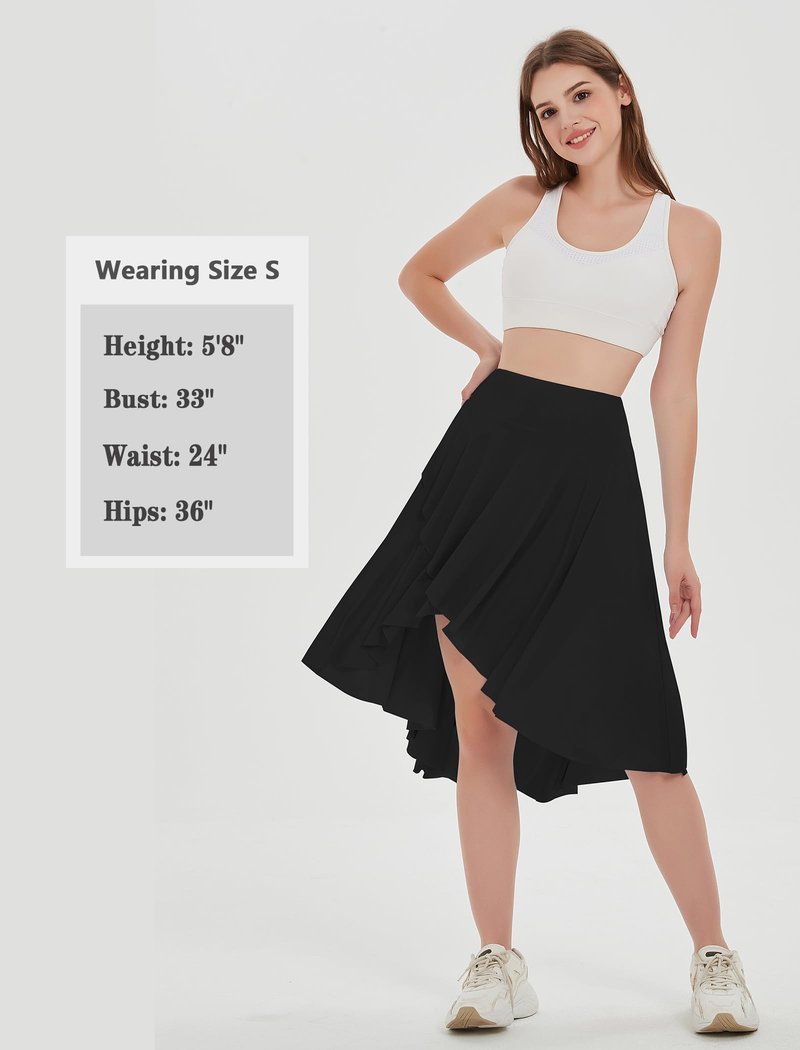 EXARUS Women Asymmetrical Midi Skirt Flowy High Low Dance Skorts with Underneath High Waisted Ruffle Casual Black S