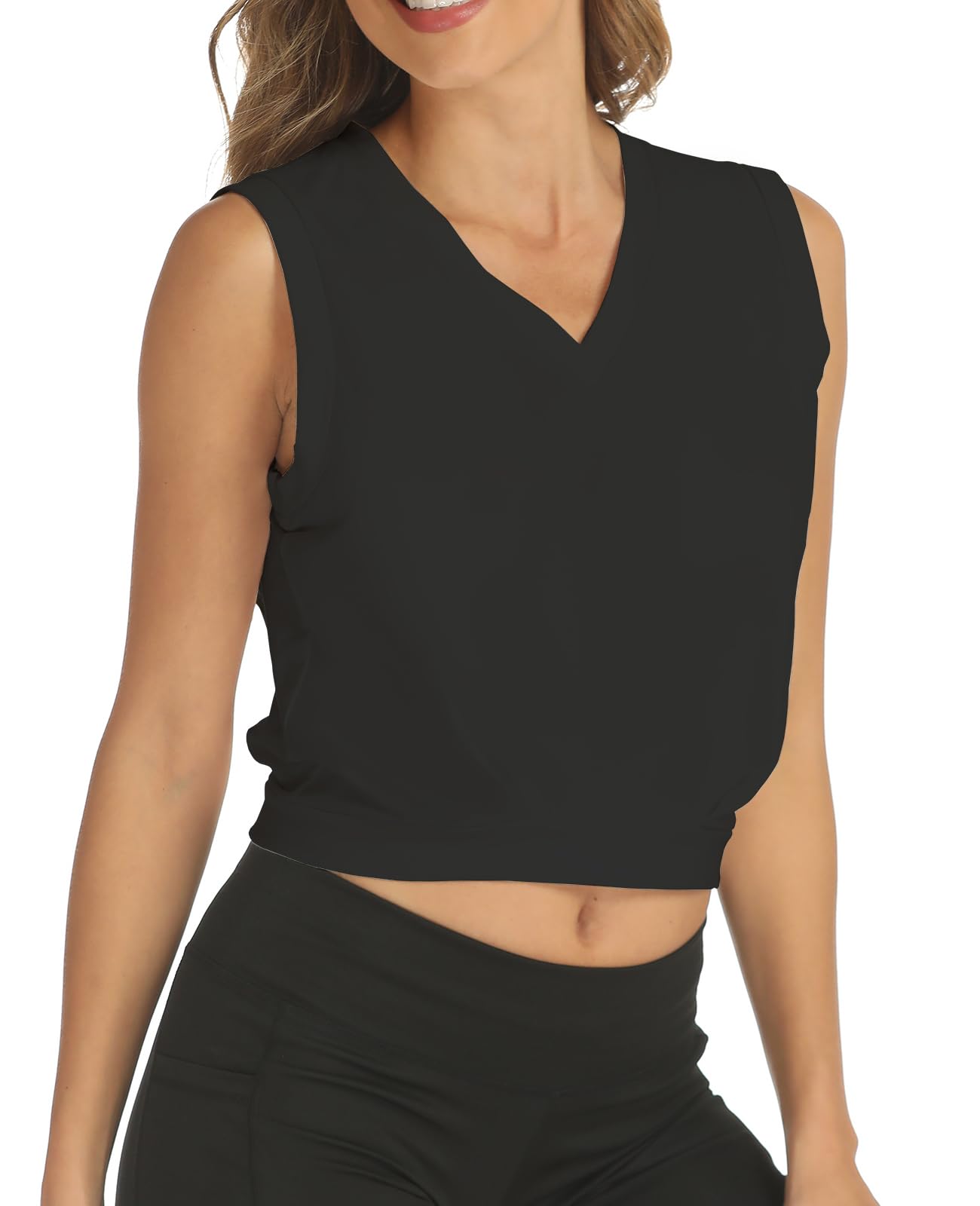 ARRIVE GUIDE Workout Crop Tops for Women Cute Loose Fit Tank Top Casual Summer Yoga Athletic Sports Gym Cotton T Shirts Vneck Black M