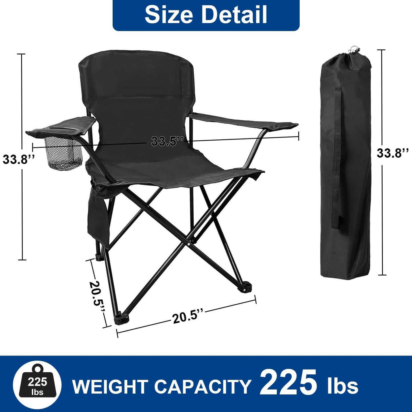 Skiennix Folding Camping Chairs - Heavy Duty Collapsible Lawn Chairs with Cooler Bag & Storage Pocket - Supports 225lbs, Black