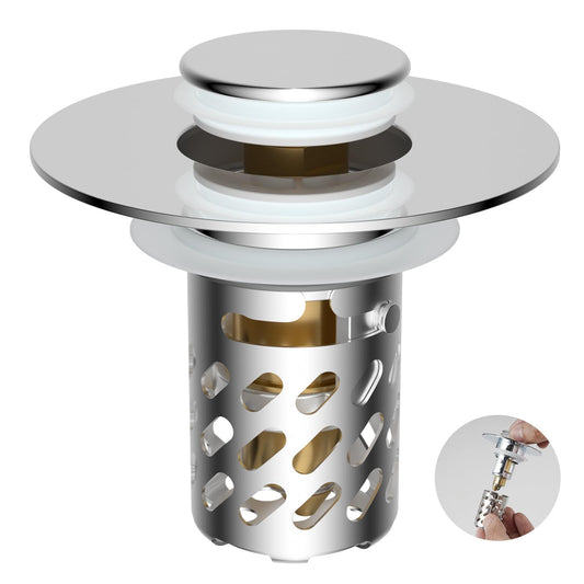 iFealClear Universal Metal Bathroom Sink Stopper, Pop Up Sink Drain Strainer with Removable Stainless Steel Hair Catcher Filter Basket, Drain Stopper for 1.1"-2.36" Basin, Brass Bounce Core,Chrome