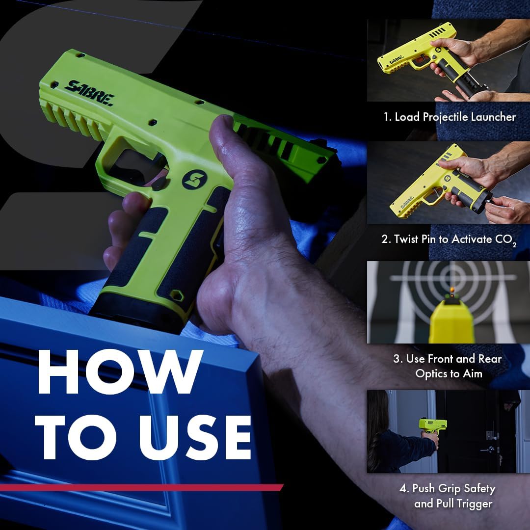 SABRE Pepper Projectile Launcher - Home Defense with Adjustable Sights | 7-Round Capacity, 350 FPS Velocity
