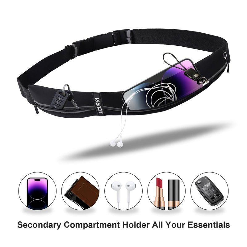 Slim Running Belt for Women and Men, Waterproof Phone Holder for Running, Reflective 2-Pocket Waist Pack for Storing Runner’s Essentials Safely, Runner’s Fanny Pack, Money Belt Fits Most Phones(Black)