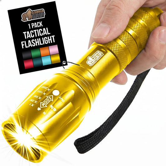 GORILLA GRIP Powerful LED Tactical Flashlight, 750 FT High Lumens 5 Adjustable Modes, Water Resistant, Ultra Bright Zoom Flashlights, Small Mini Flash Light, Camping, Night Dog Walking, Gold