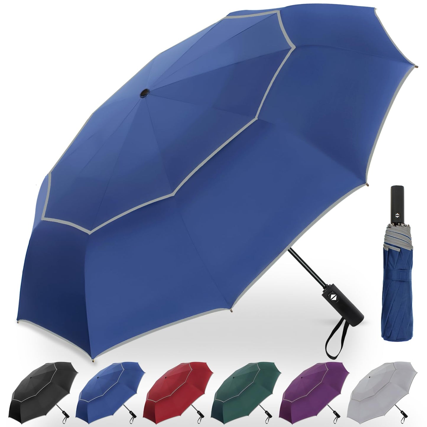 Satol 62 Inch Large Portable Golf Umbrella with Reflective Stripe, Windproof 10 Ribs Vented Double Canopy Oversize Compact Rain Umbrellas for Travel, Waterproof UV Protection Umbrella Auto Open/Close