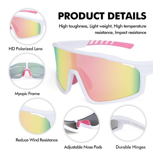 MMOWW Polarized Sports Sunglasses for Men Women Cycling Glasses Wrap Around UV400 Protection Running Driving Fishing, White/Pink