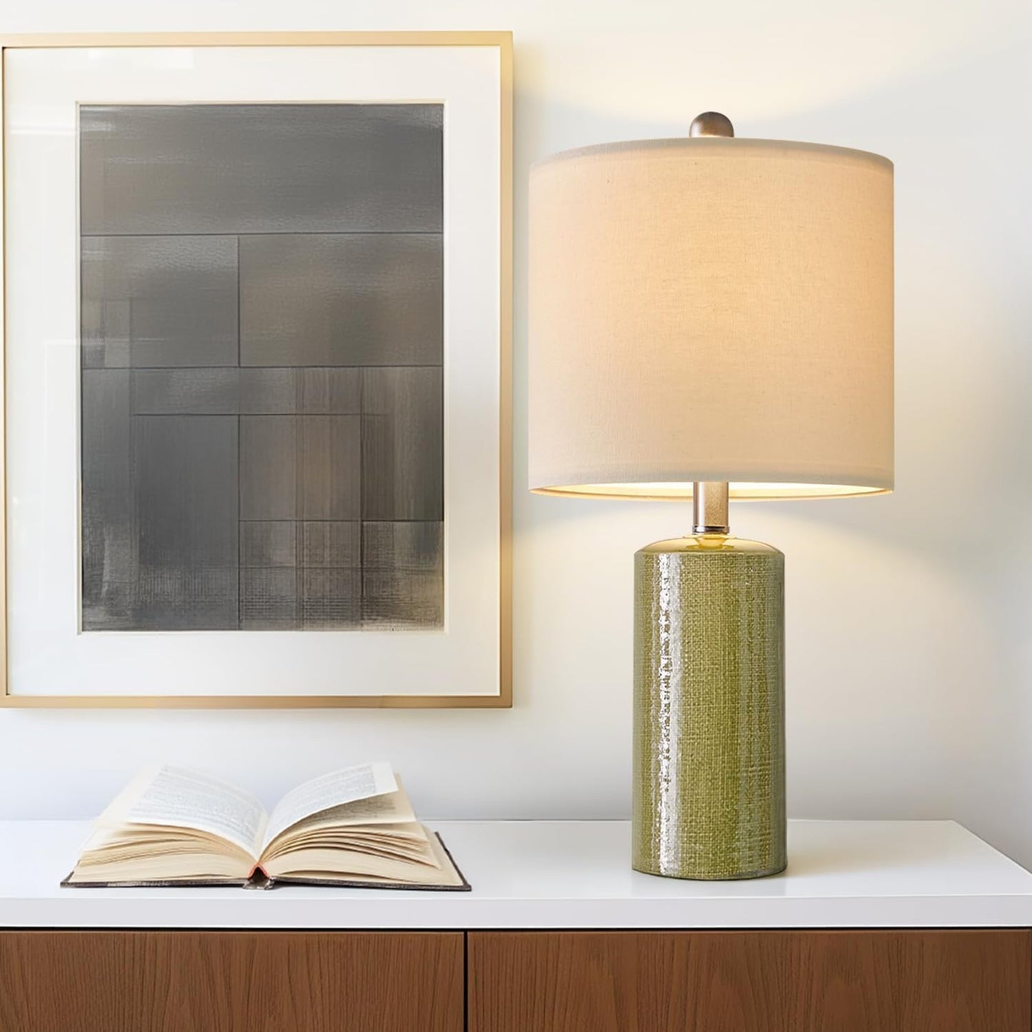 Modern Green Ceramic Table Lamp - 20.25” Nightstand & Bedside Lamp for Bedroom & Living Room