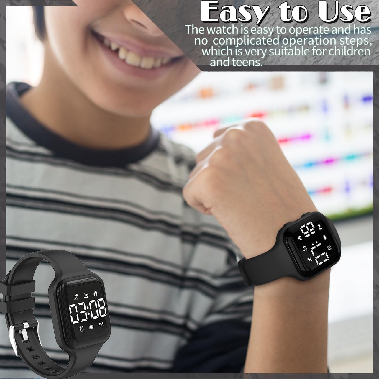 Skiennix Children’s Fitness Tracker Watch - Waterproof Digital Step Counter with Pedometer & Alarm (Black)