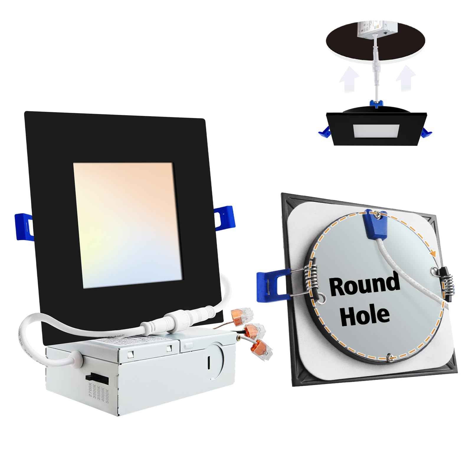 Adetu 6 inch Square Led Recessed Lighting Black,5CCT Ultra Thin Square Led Ceiling Light with Junction Box,14W 1190lm,2700K/3000K/3500K/4000K/5000K Dimmable Downlight,ETL and Energy Star Certified