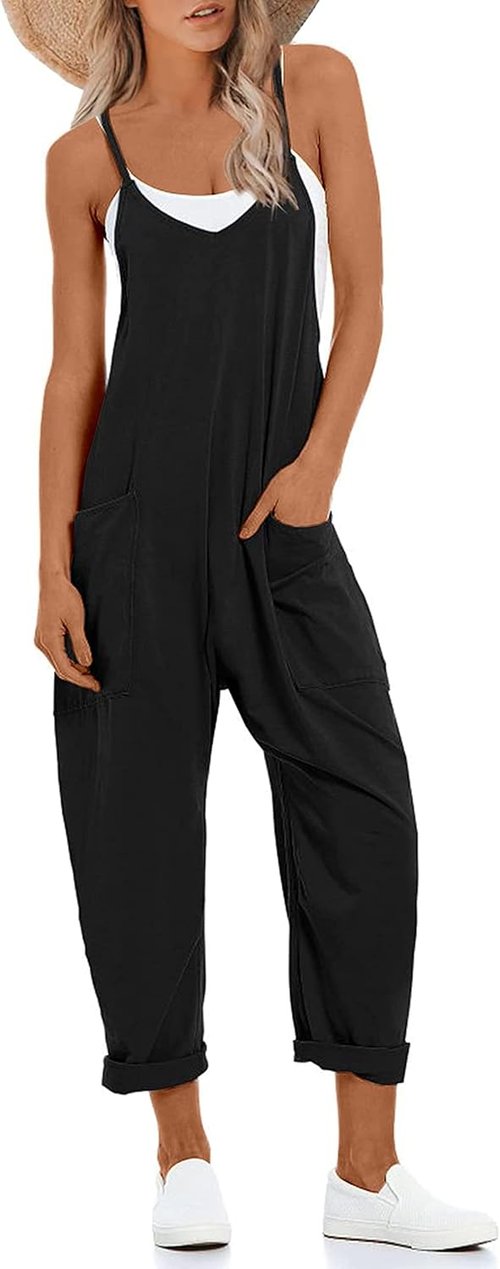 Lentta Women's Casual Jumpsuit - V Neck Sleeveless Harem Romper with Adjustable Straps & Pockets