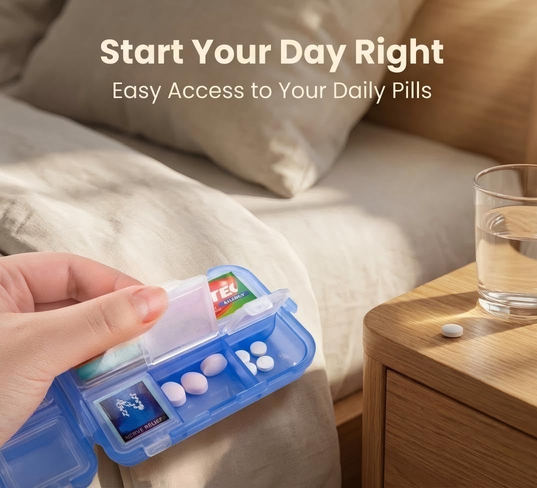 Skiennix Pill Organizer - Travel-Friendly Daily Medication Case with 161 Labels | 7-Day Design in Pink