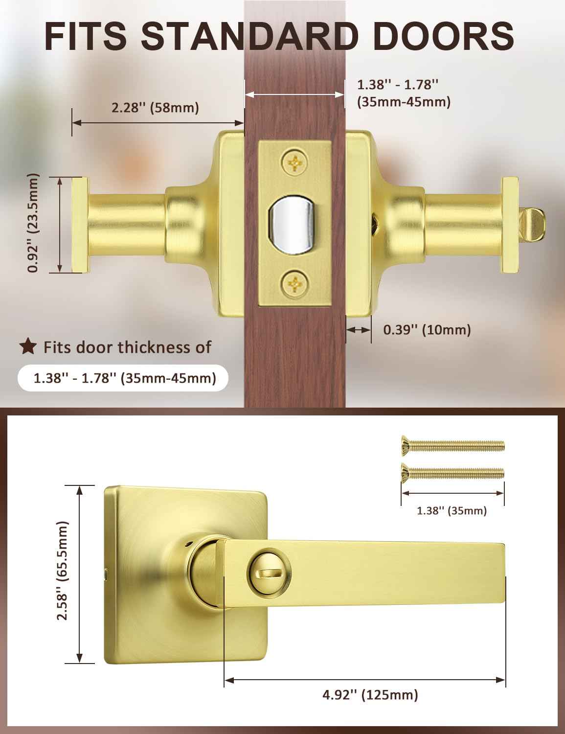 Mengico 6 Pack Gold Privacy Lever Door Handle Interior with Lock, Heavy Duty Square Door Lock for Bed/Bath, Keyless Door Locksets, Reversible for Left Right Handed Doors