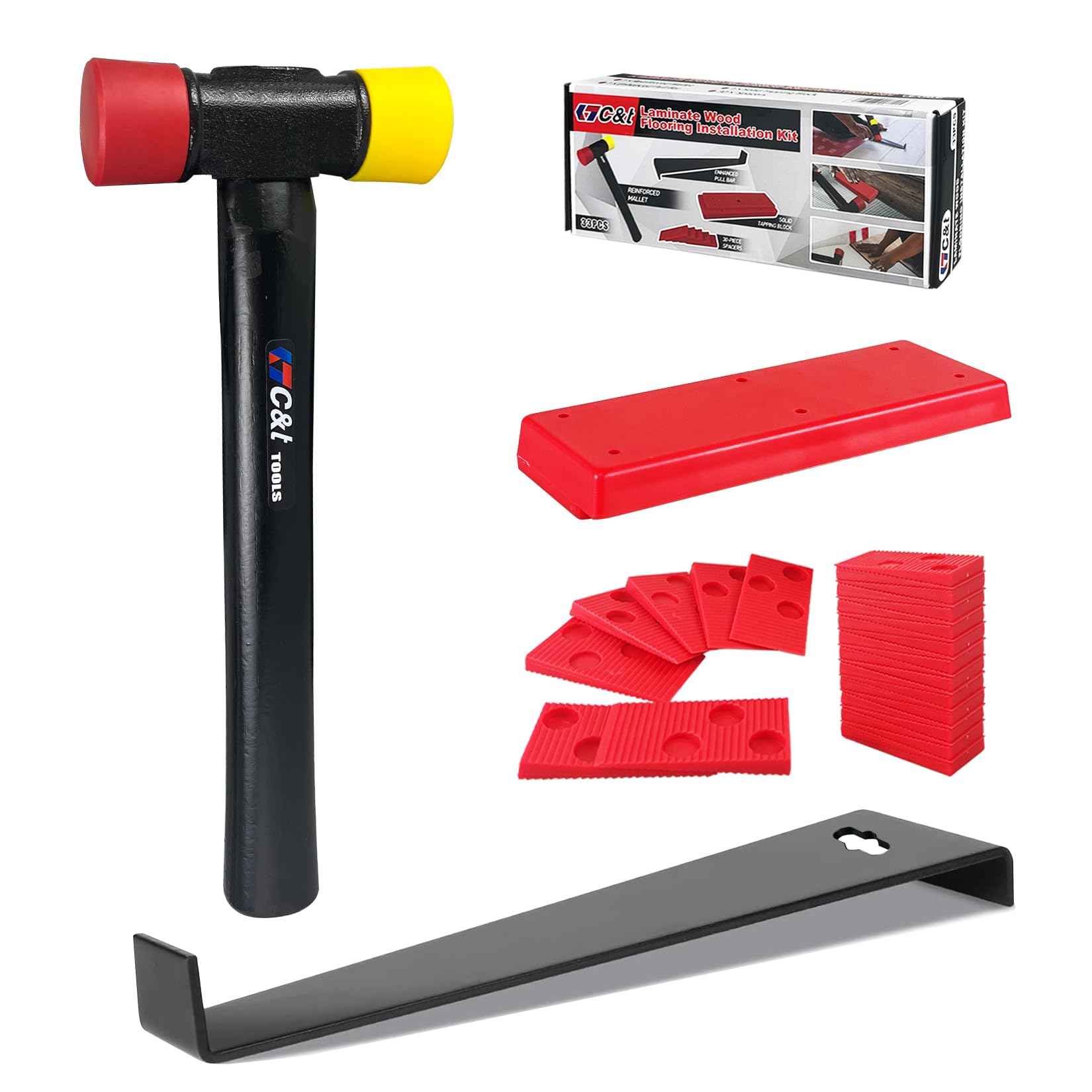 C&T 33-Piece Laminate Wood Flooring Installation Kit with Double-Face Hammer, Heavy Duty Pull Bar, Tapping Block and 30-Piece Spacers, Vinyl Floor Installation Kit