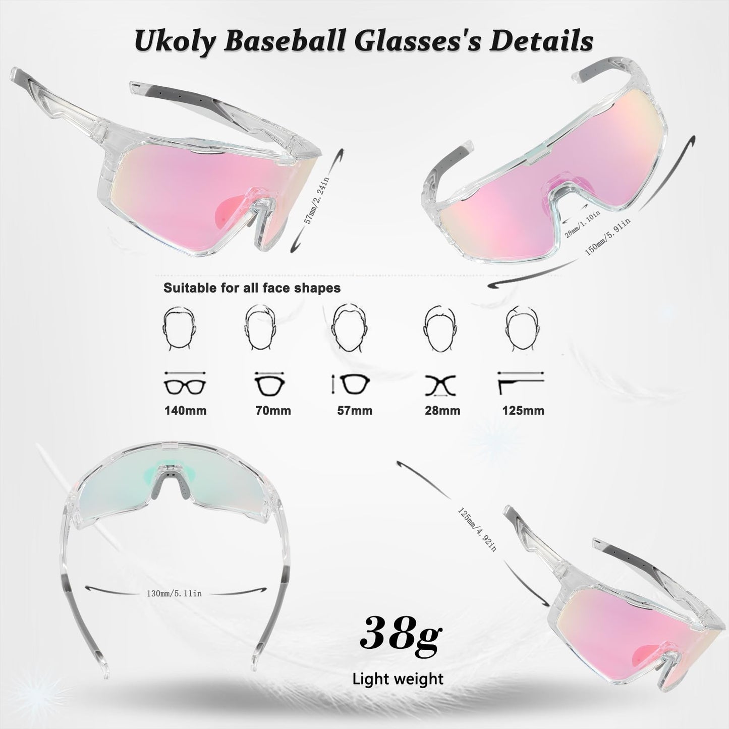 Ukoly Photochromic Cycling Glasses For Men Women, Sports Sunglasses For Baseball Running Cycling HD Lens UV400 Protection 628 (HD Photochromic Pink)