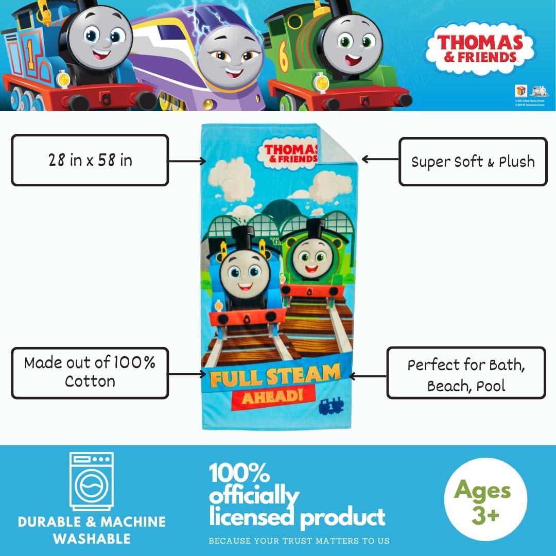 Thomas & Friends Super Soft Cotton Bath Towel - Ideal for Kids, 58" x 28" | Perfect for Pool & Beach