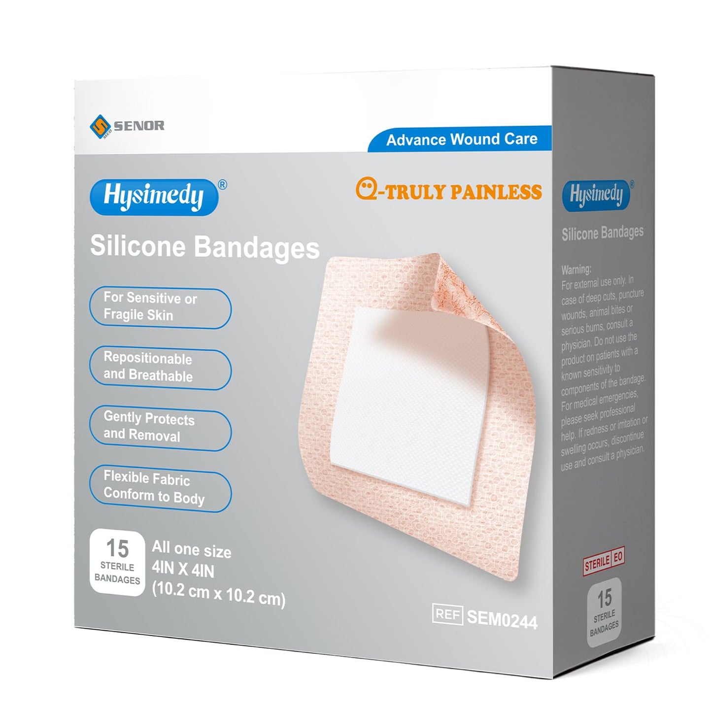 Hysimedy Silicone Bandages for Sensitive Skin 4"x4" Painless Easy Removal Latex Free Flexible Fabric Hypoallergenic Breathable Extra Large Bandages for Wounds for Geriatric and Children 15 Counts