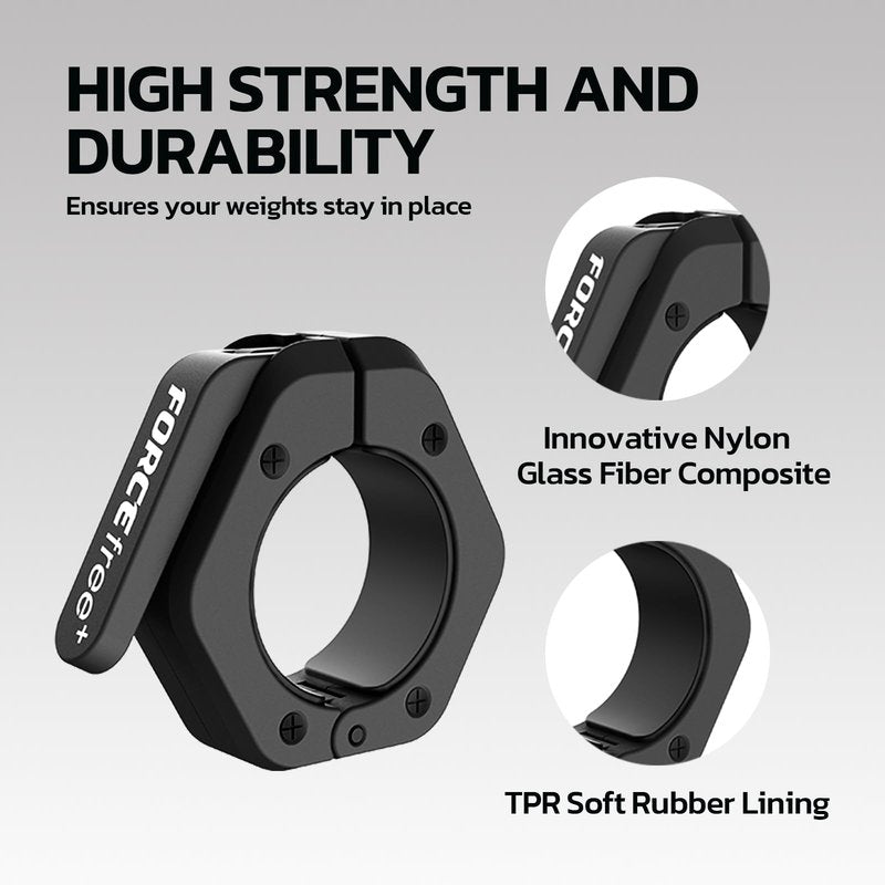 Forcefree+ Barbell Clips (Pair), Barbell Clamps, Quick Release Olympic Barbell Clamps with Anti Slip TPR Grip, Barbell Collars for Secure Weightlifting & Powerlifting (Non Magnetic, Black)