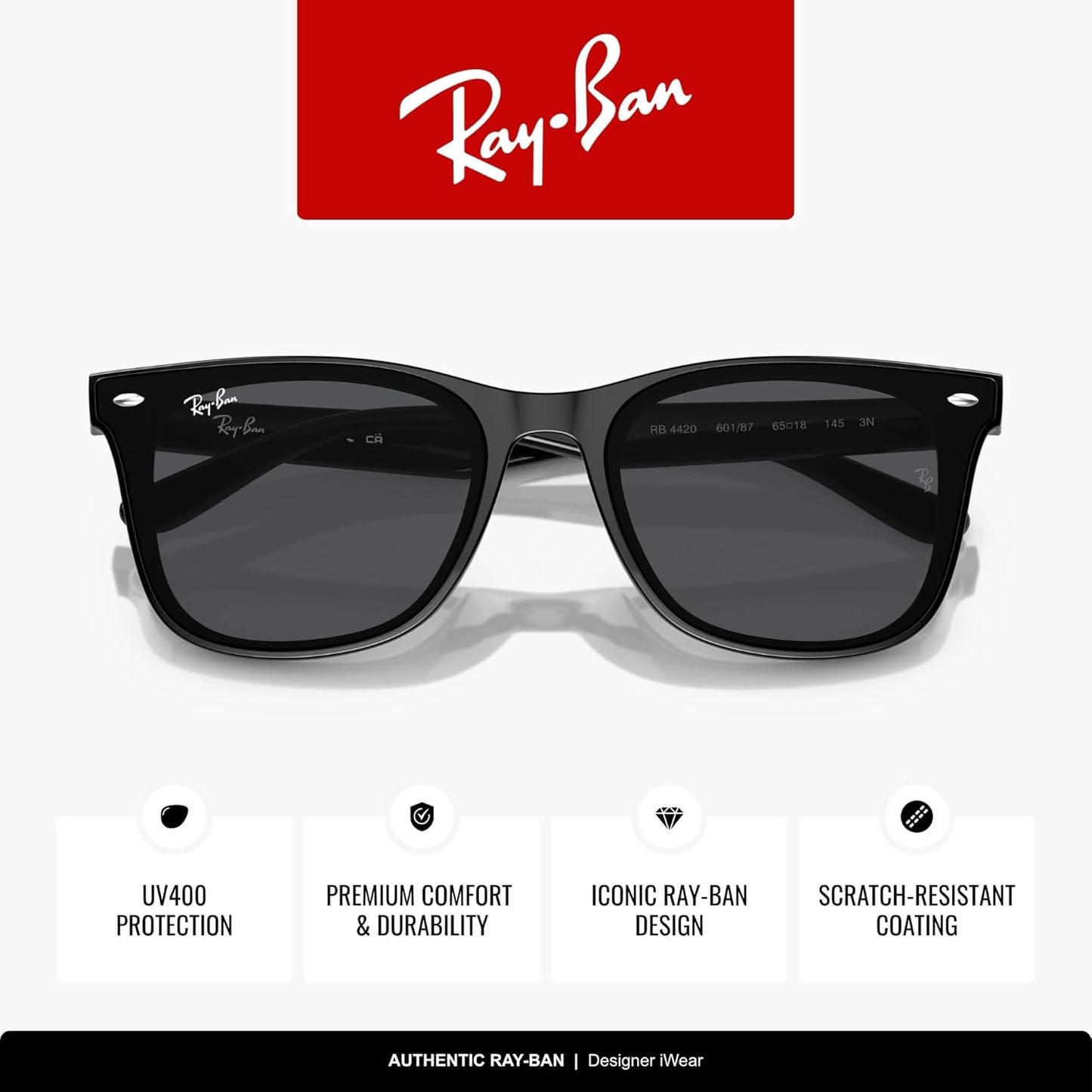 Ray-Ban Women's RB4420 Square Sunglasses - Stylish UV Protection | Classic Black Frame