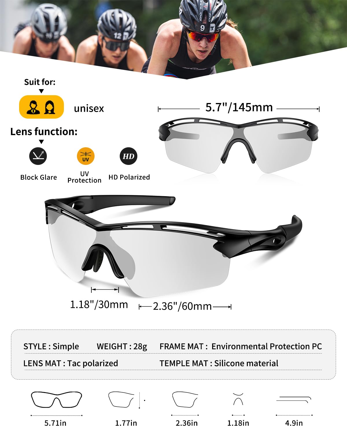 Rosemal Sports Sunglasses Polarized Cycling Sunglasses Running Driving Fishing Hiking for Men Women UV400 TAC TR90