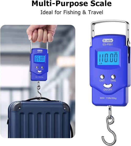 Dr.meter Fishing Scale - 110lb Digital Luggage Scale with Backlit LCD Display & Measuring Tape | Compact & Portable Fishing Gear
