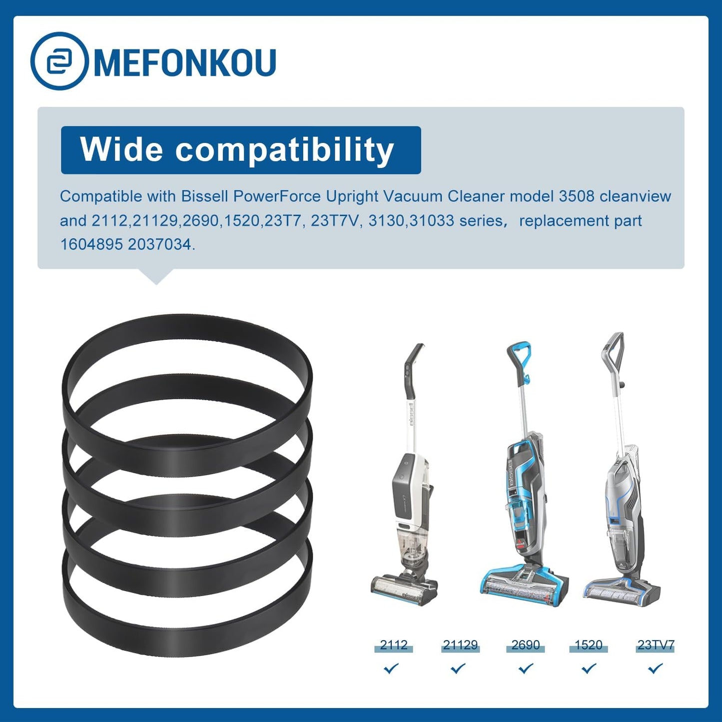 MEFONKOU 1604895 Vacuum Belts Compatible with Bissell PowerForce Upright Vacuum Cleaner Replacement Models 3508,2112, 21129, 2690, 1520, 23T7 (4/Pack)