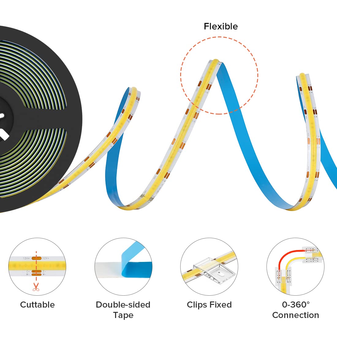 BTF-LIGHTING FCOB COB LED Strip CCT Flexible High Density 16.4FT 640LED/m Tunable 3000K-6000K DC12V CRI 90+ Dimmable Light Ribbon for Bedroom Kitchen Indoor Decoration(No Adapter or Controller)