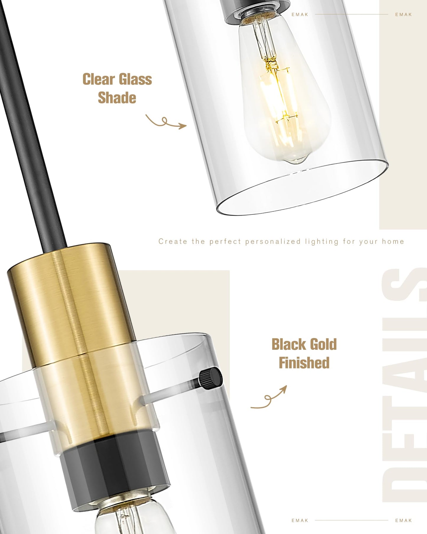 Emak 2 Pack Black and Gold Pendant Light,Modern 5 Inch Pendant Lights Kitchen Island with Clear Glass Shade, Farmhouse Kitchen Island Lighting for Dining Room, Bathroom, PL127-BKBGD-CG-2PK