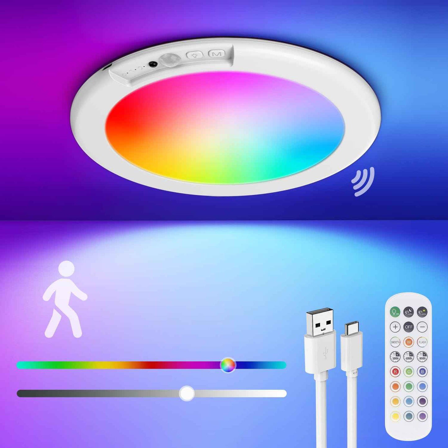 Rechargeable Ceiling Light with Remote, Shower Lights for Inside Shower with Color Changing & White Lights, Magnetic Motion Sensor Closet Light Battery Powered Ceiling Light for Shower Closet Bathroom