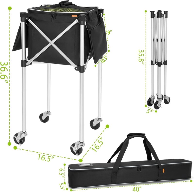 GYXZ Foldable Tennis Ball Cart Holds 180 Balls Wheeled Tennis Ball Hopper Sports Teaching Carts with Storage Bag, Light Auminum Alloy