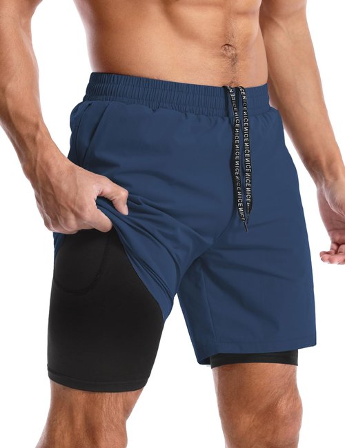 Aolesy Men’s 2 in 1 Running Shorts 5 Inch Quick Dry Workout Gym Shorts with Pockets Tennis Training Athletic Shorts with Liner for Men Navy Blue